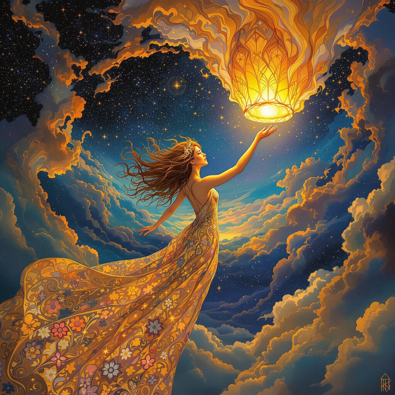 Glowing Art Nouveau Scene with Woman and Sky Lantern