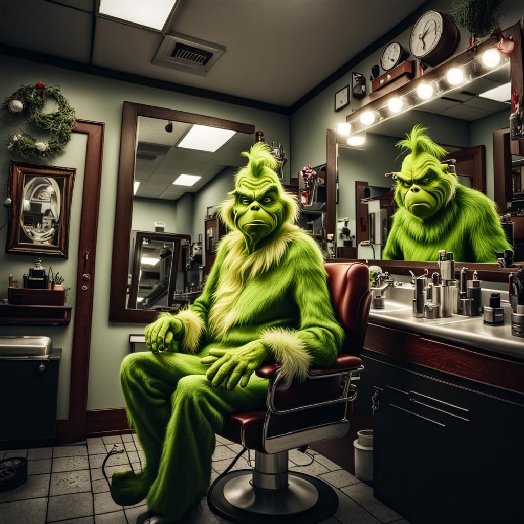 The grinch working at a barber shop