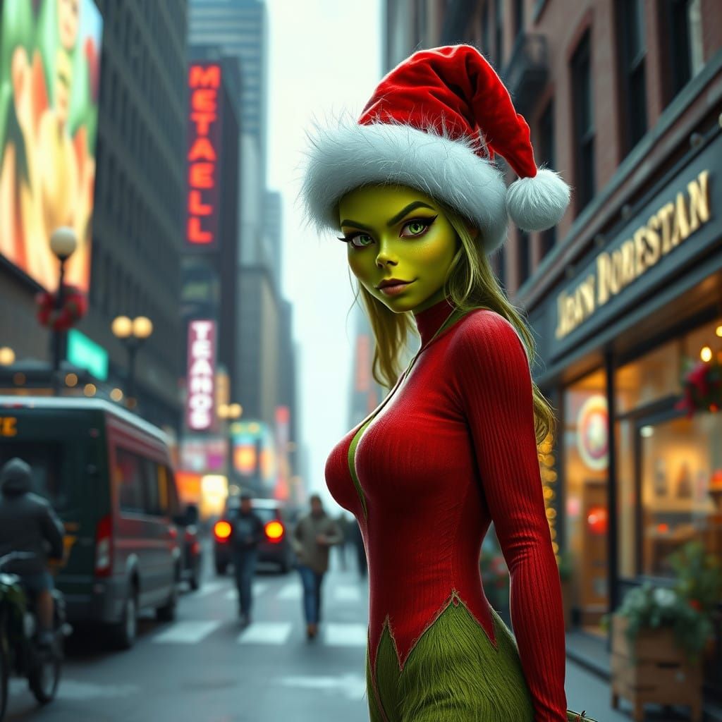 Sultry Green Grinchess Strolls NYC Streets in Luxury