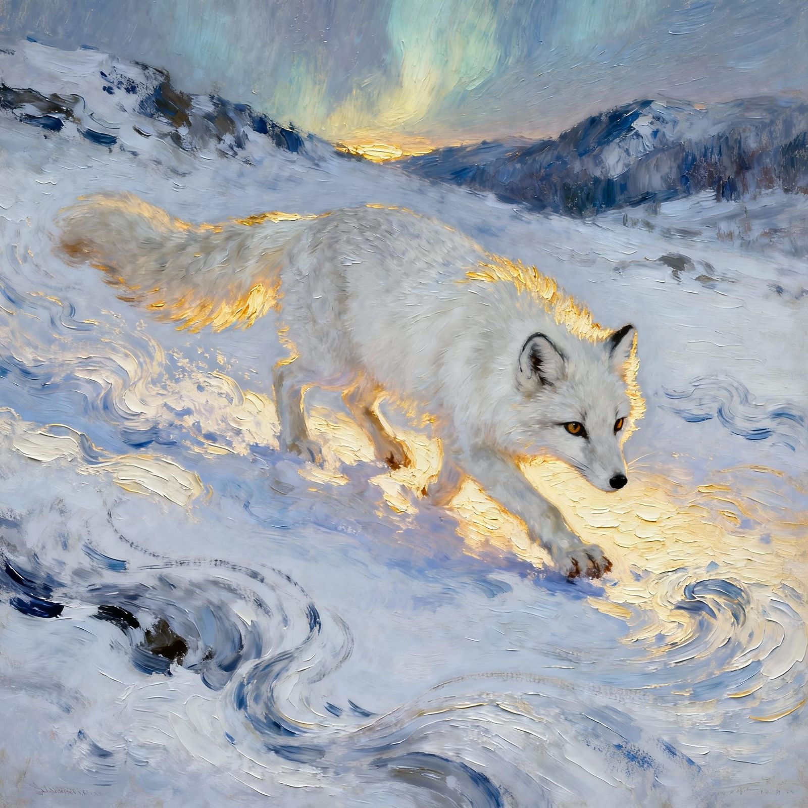 Arctic Fox Hunts in Luminous, Swirling Snowscape