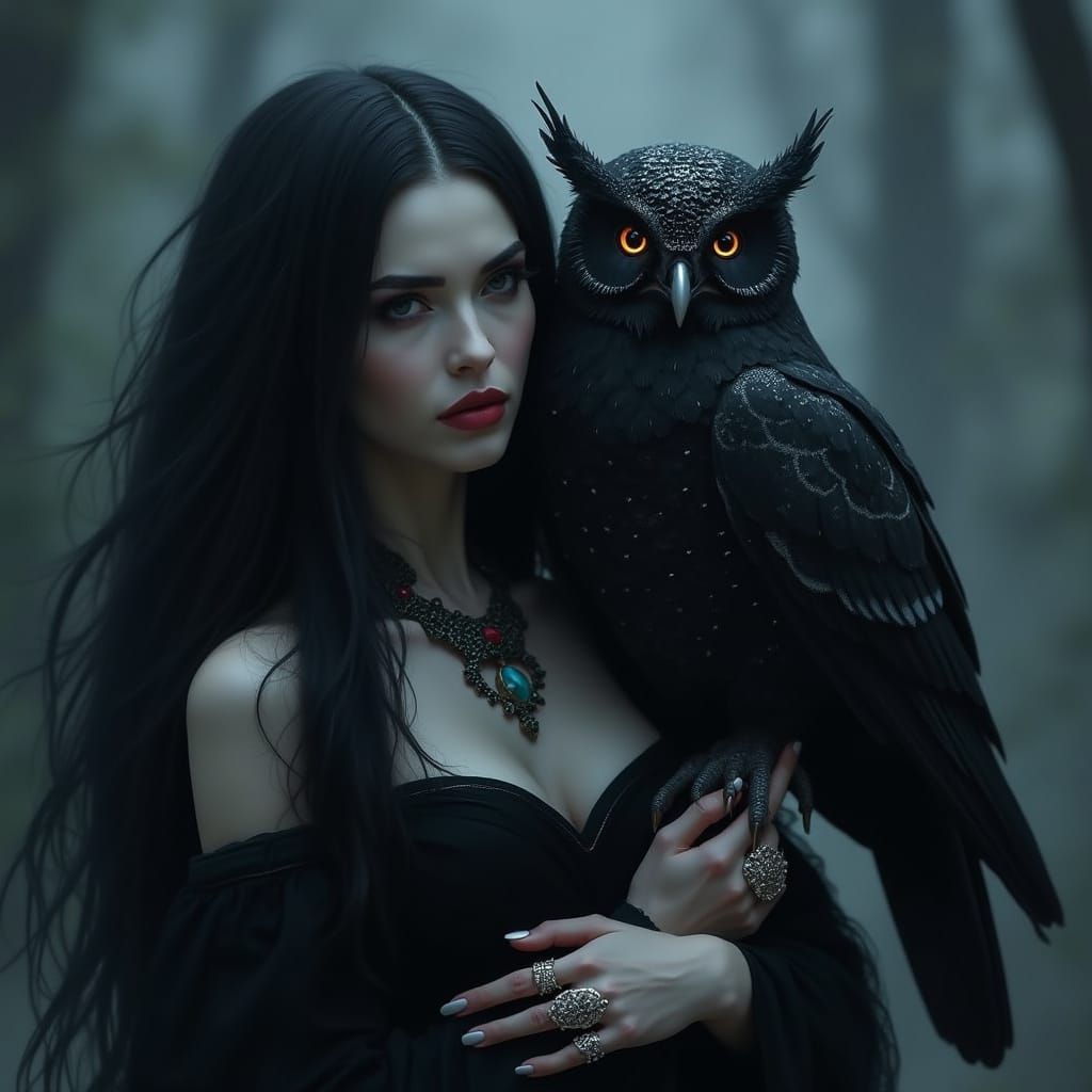 Ethereal Regal Woman and Owl in Mystical, Dreamlike Landscap...
