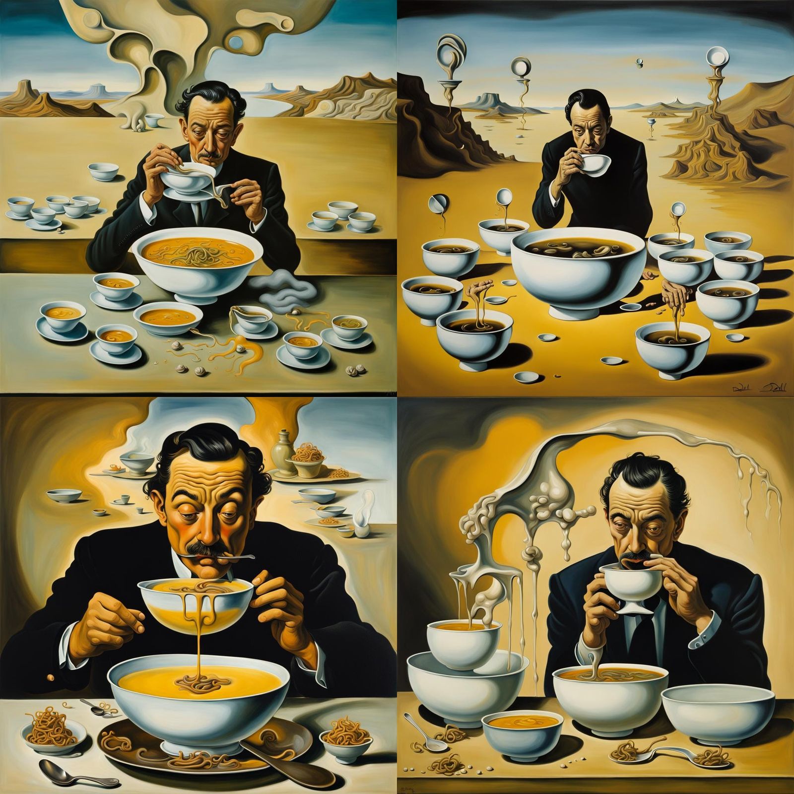 Man Drinks Soup Bowls in Surrealist Style