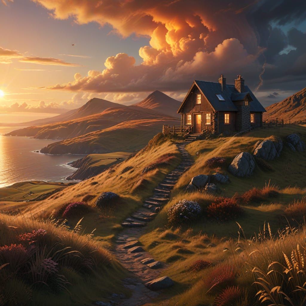 Cozy Scottish Highland Cabin at Sunset