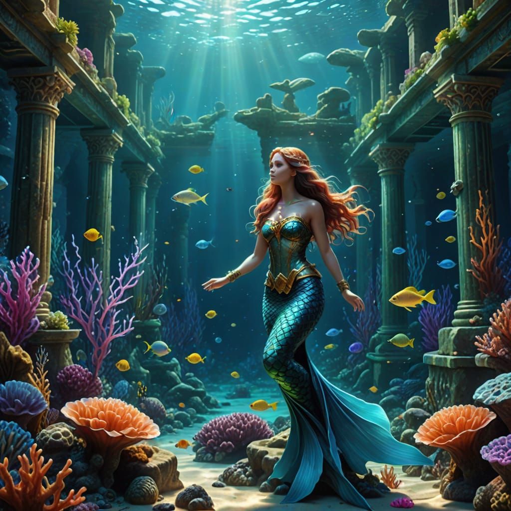 Realistic Mermaid in Atlantis Ruins