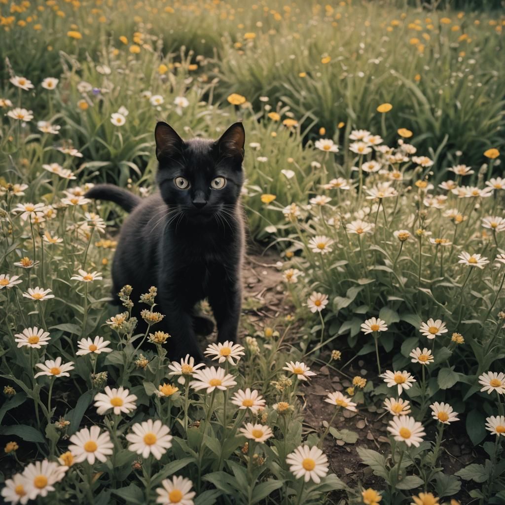 Black Kitten's Flower Field: Cinematic Film Still