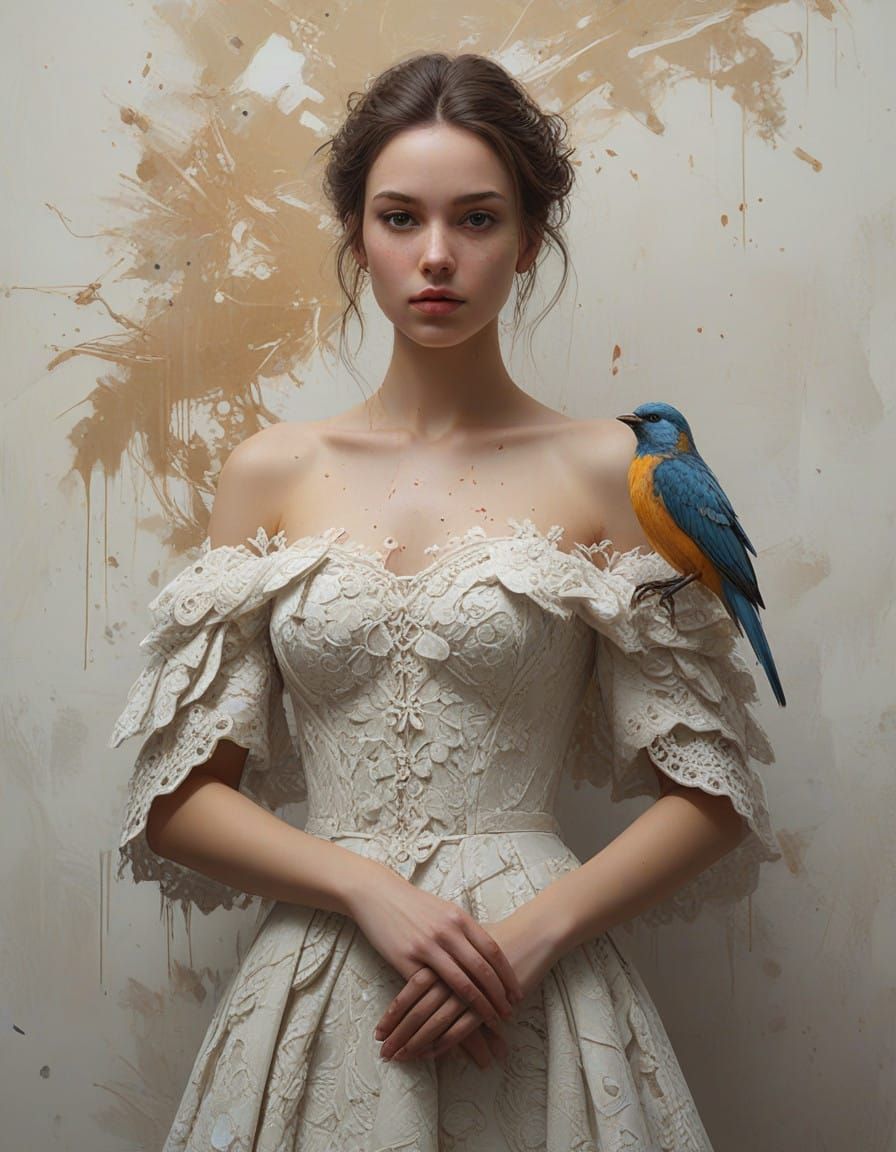 Serenely Elegant Woman with Bird in Graffiti-Inspired Digita...