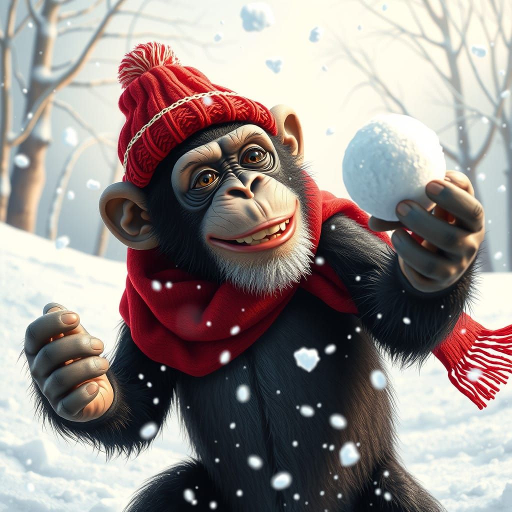 Playful Chimpanzee in Snowball Fight