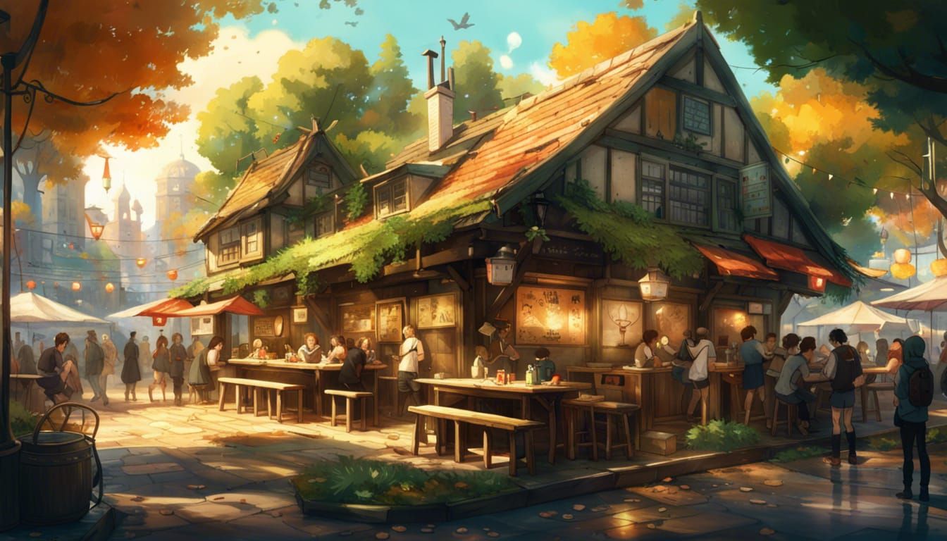 Anime Tavern Scene with Wolf DJ in City Park