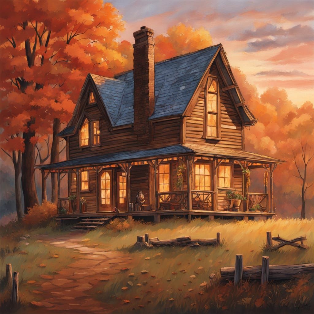 An old-world Victorian cabin nestled in a rustic autumn land...