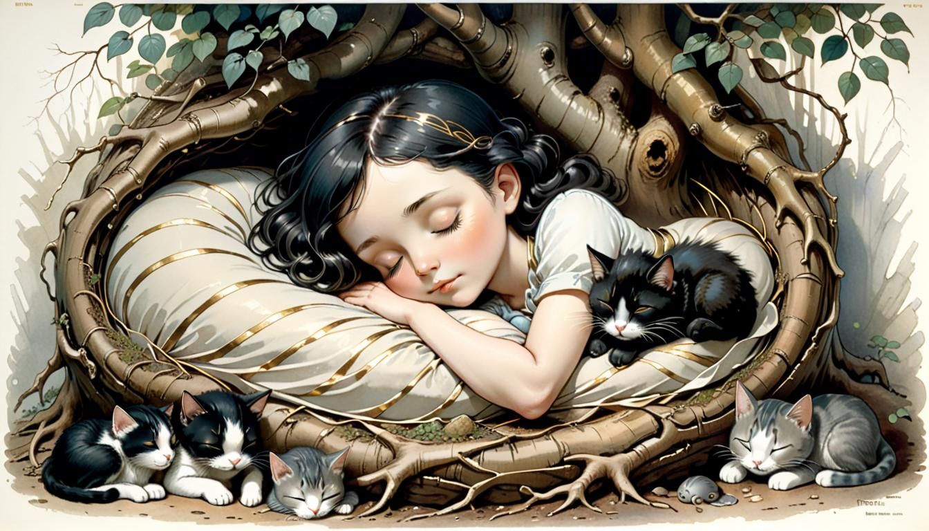 Chibi Woman and Cats Sleeping in Tree Nest