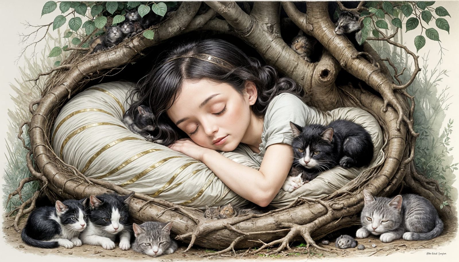 Chibi Woman Sleeping with Cats in Tree Nest