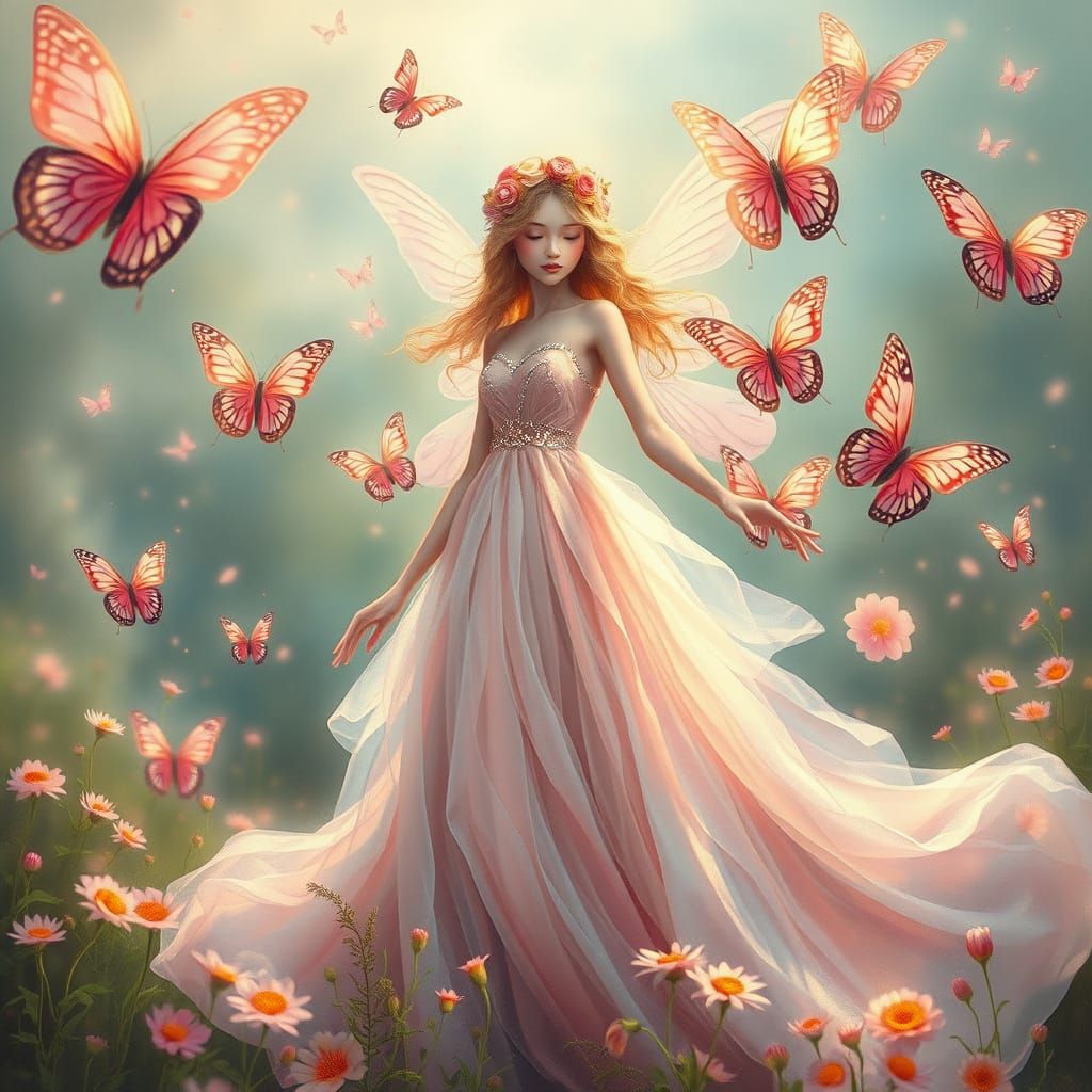 Goddess of Whimsical Pink Butterflies in a Lush Meadow