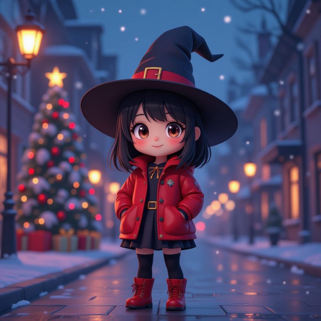 Anime Witch Girl in Red Jacket in Night City