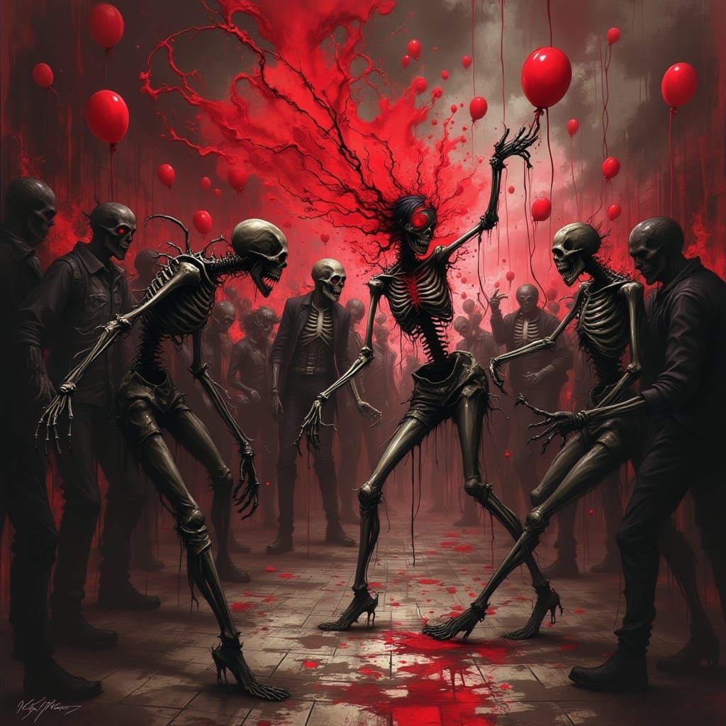 Haunting Dance of Skeletons and Zombies in Surreal Style