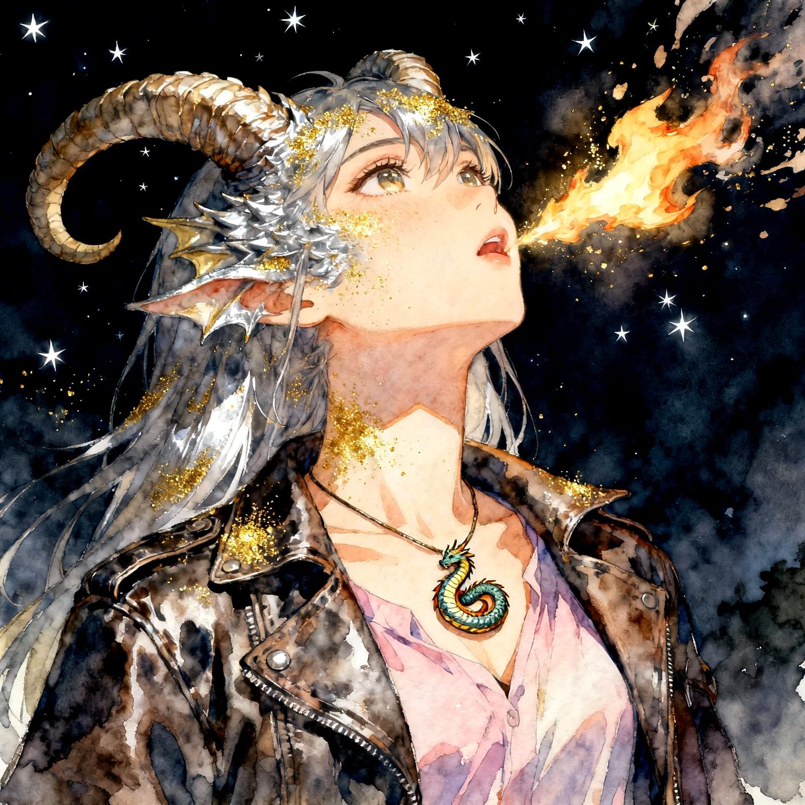 Dragonborn Breathing Fire Under Starlit Night Sky