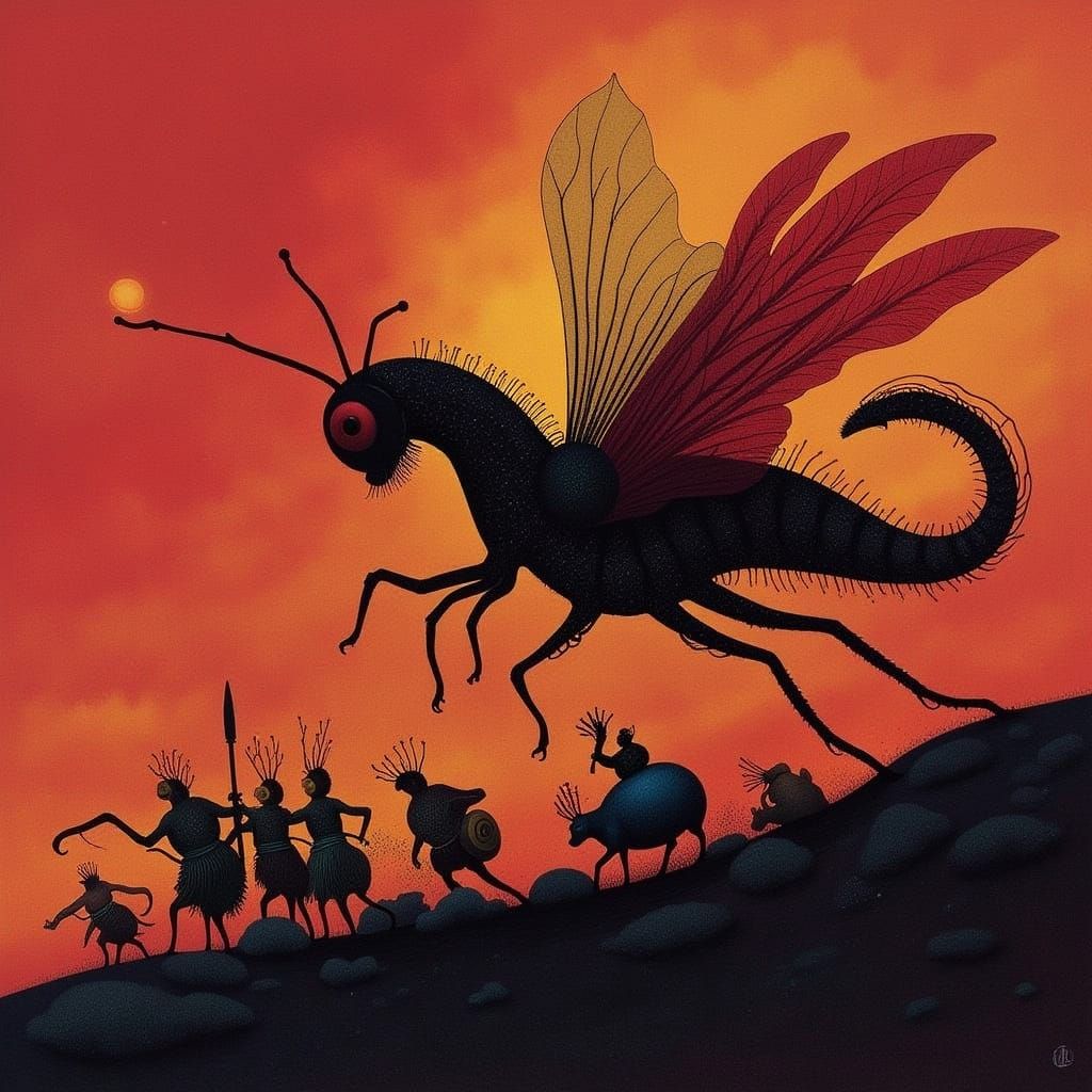Gigantic Insectoid Dragon Fights Barbarians in Fiery Landsca...