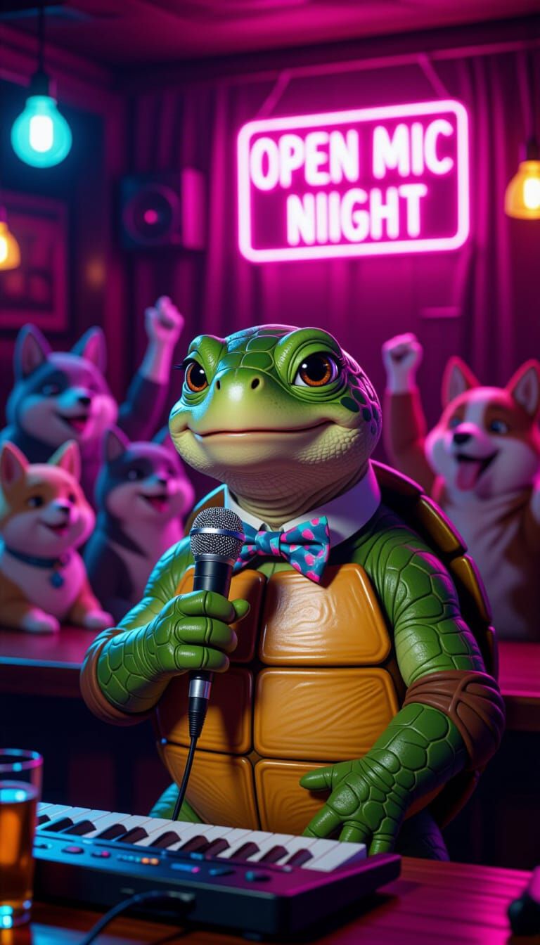 Turtle's Neon Karaoke Debut: Photorealistic Animal Bar Scene