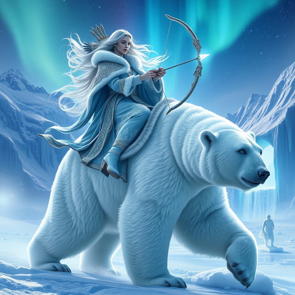 Winter Goddess Rides Polar Bear in Ethereal Fantasy Realm