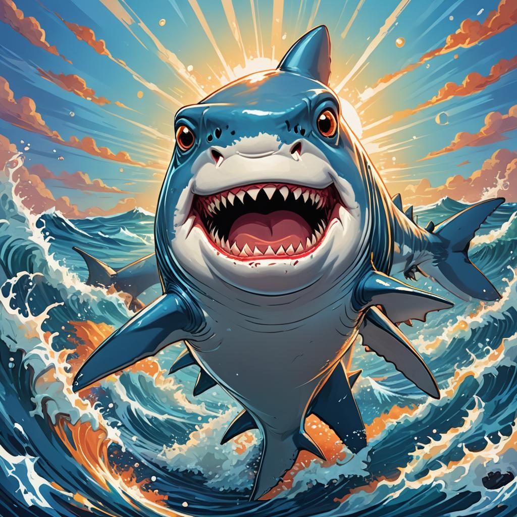 Friendly Shark Waving in Comic Book Art Style