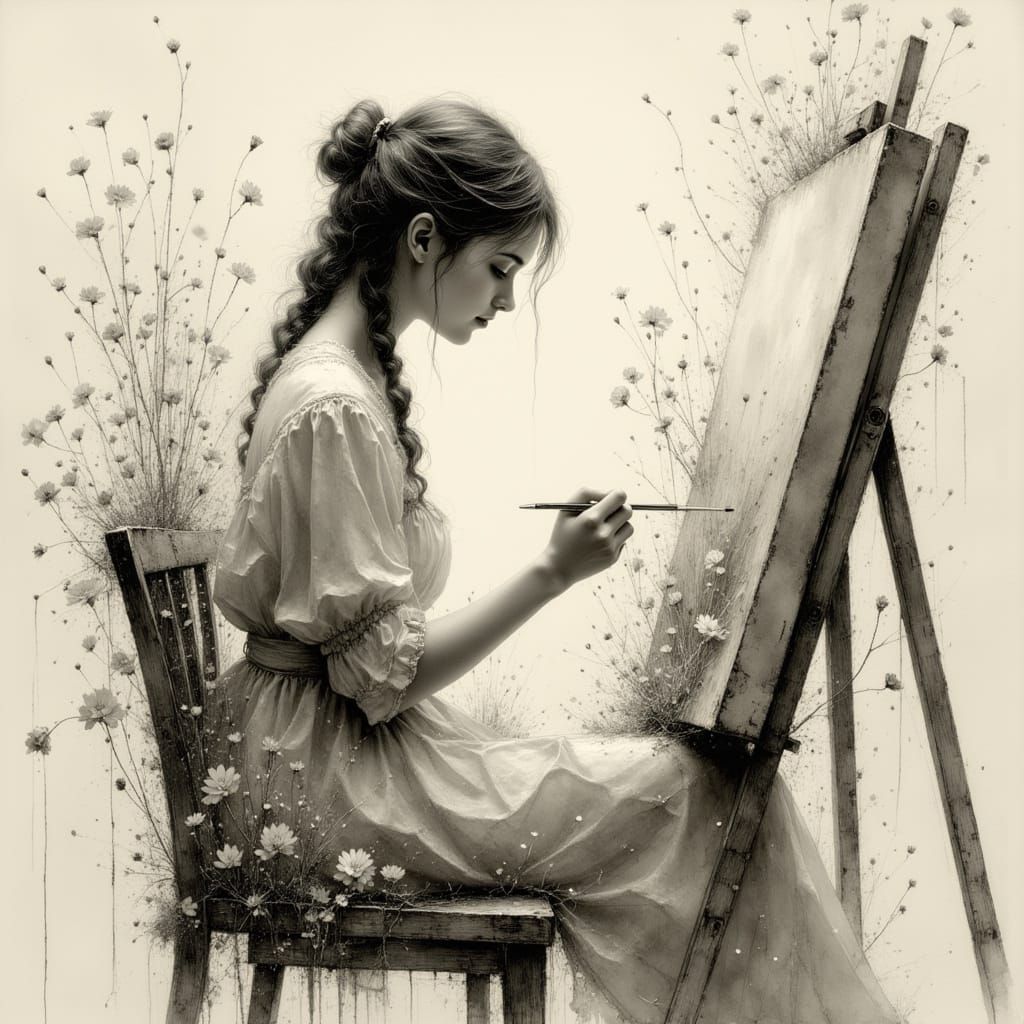 Surreal Illustration of Woman Painting Blooming Flowers