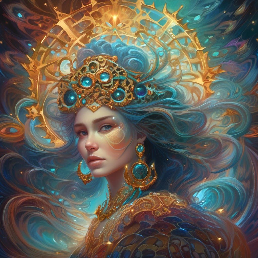 Holographic Cosmic Woman in Pablo Amaringo Style