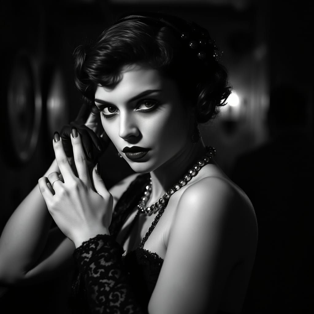 Female Vampire in 1920s Speakeasy, Classic Film Noir