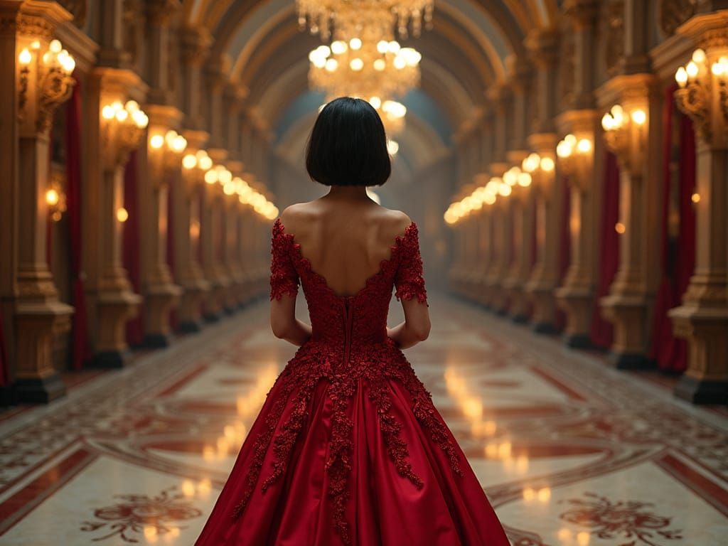 Elegant Woman in Red Gown at Paris Opera, Mucha Style