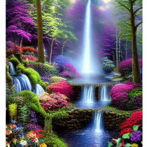 Fairy with Rainbow Wings in Waterfall Garden