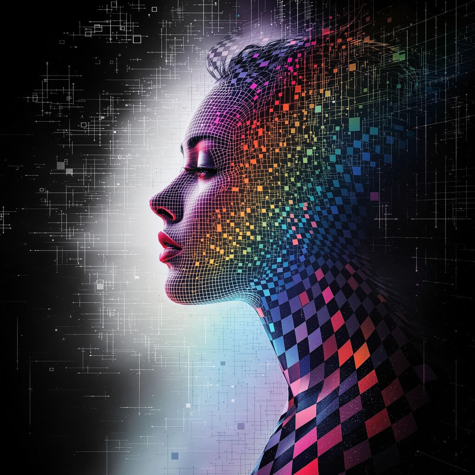 Surreal Woman Silhouette in Gradient Grid