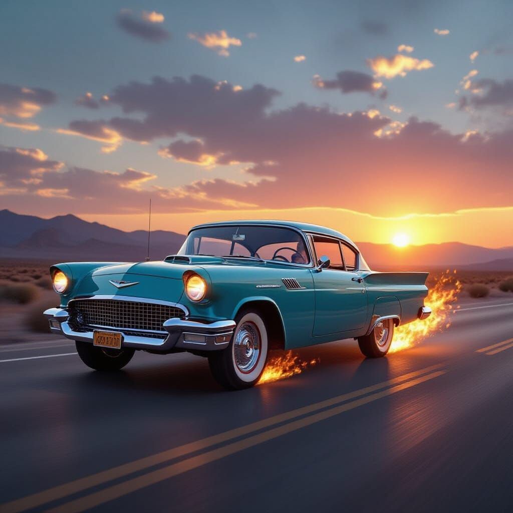 60s American Car on Route 66 with Fiery Wheels at Sunset