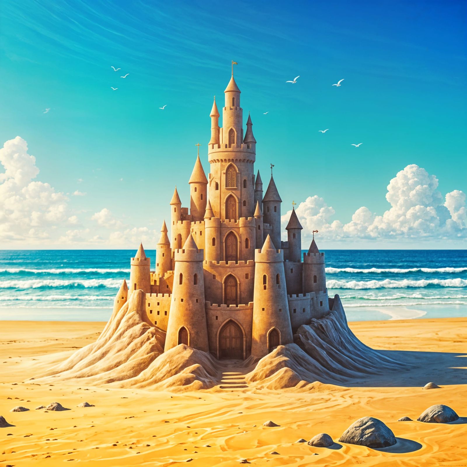Detailed Gouache Painting of a Sandcastle
