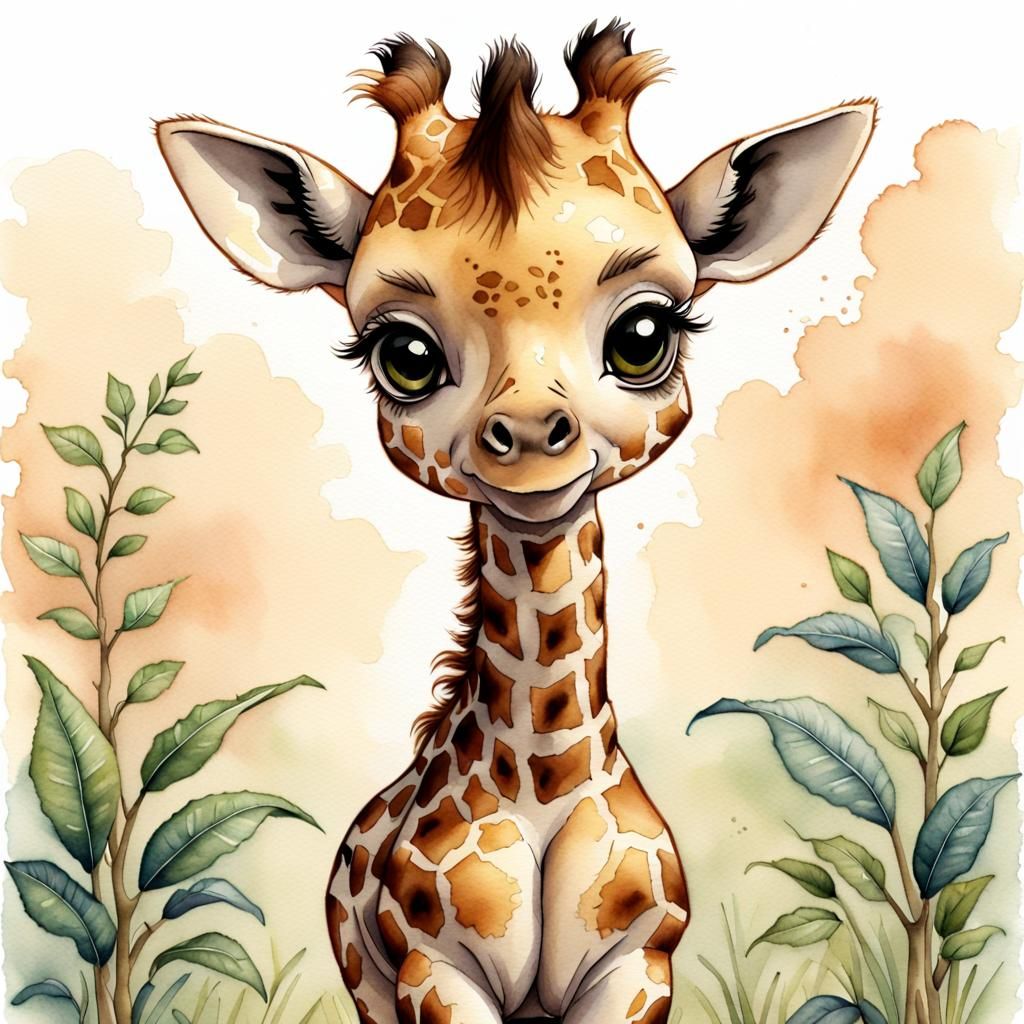 Adorable Chibi Giraffe on the Savannah in Watercolor