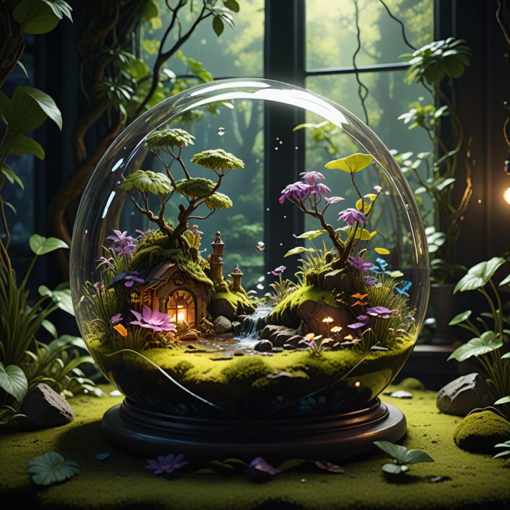 Whimsical Miniature World in Glass Terrarium