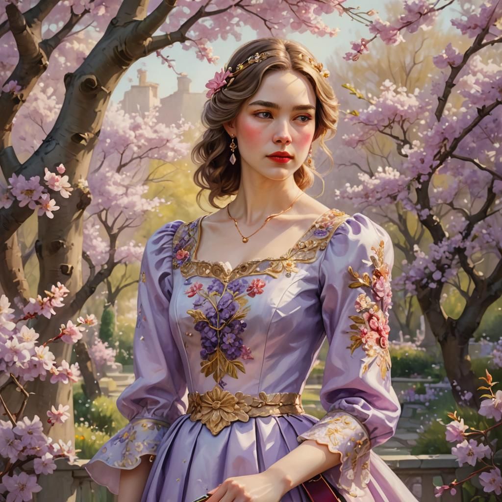 Woman in Lavender Dress in a Watercolor Garden