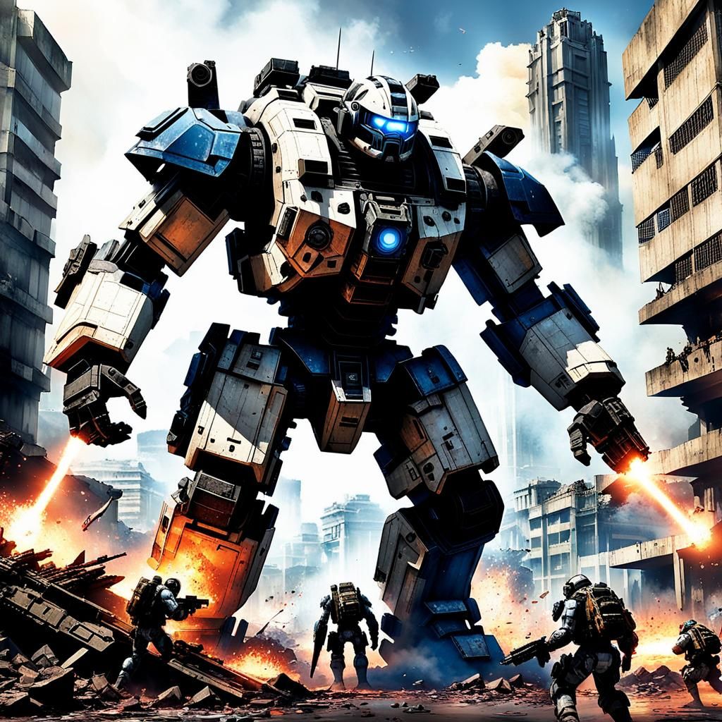Titan Mechs Clash in Devastated Cityscape