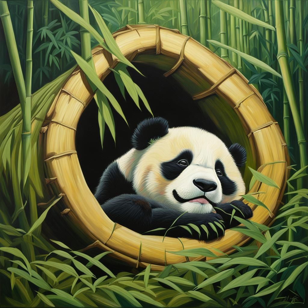 Peaceful Panda Cub in Bamboo Forest, Hyperrealistic