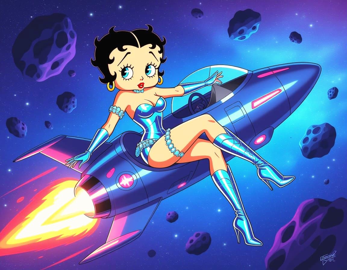 Betty Boop Space Pirate in Futuristic Asteroid Field