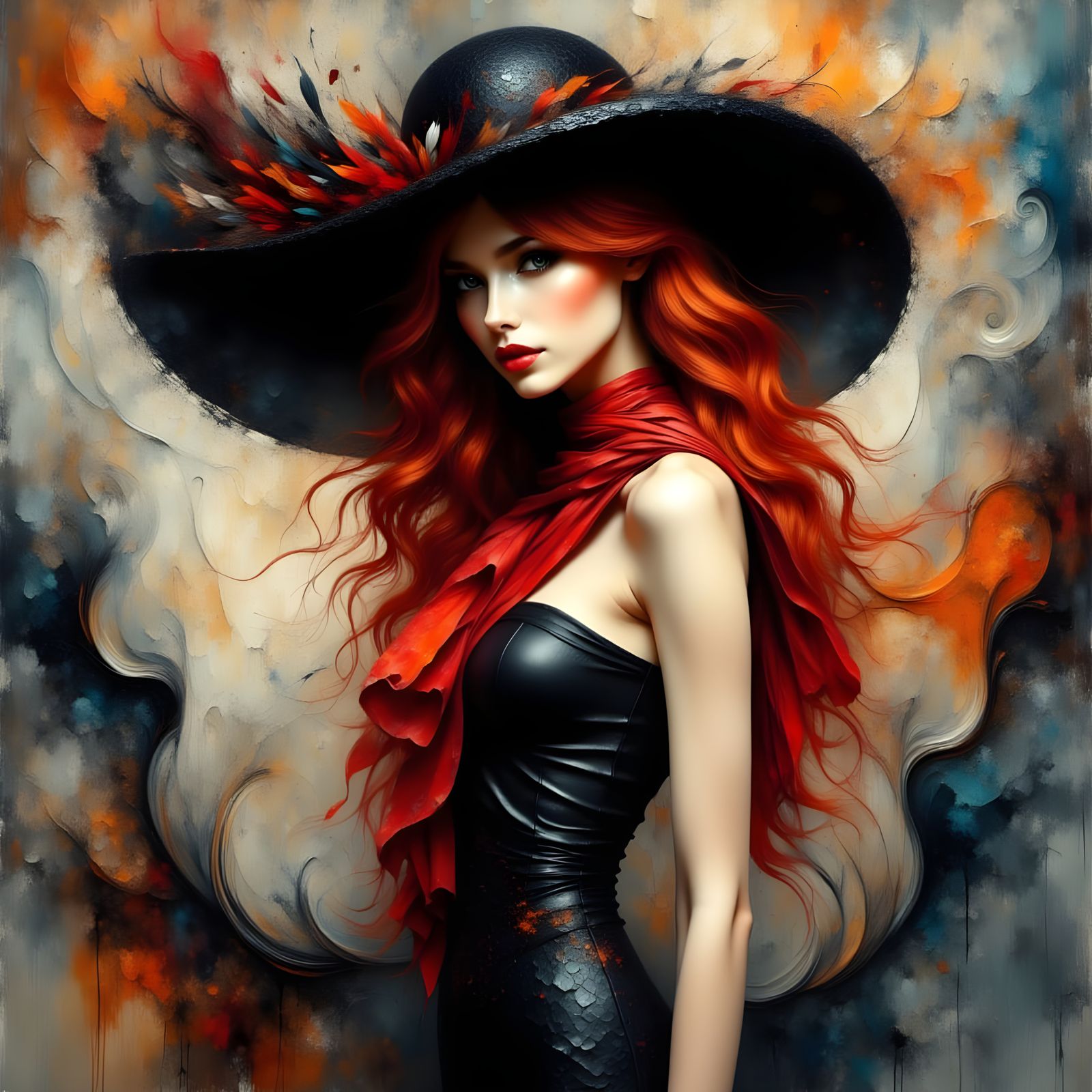 Surreal Woman in Fiery Red Hair with Textured Impasto Style