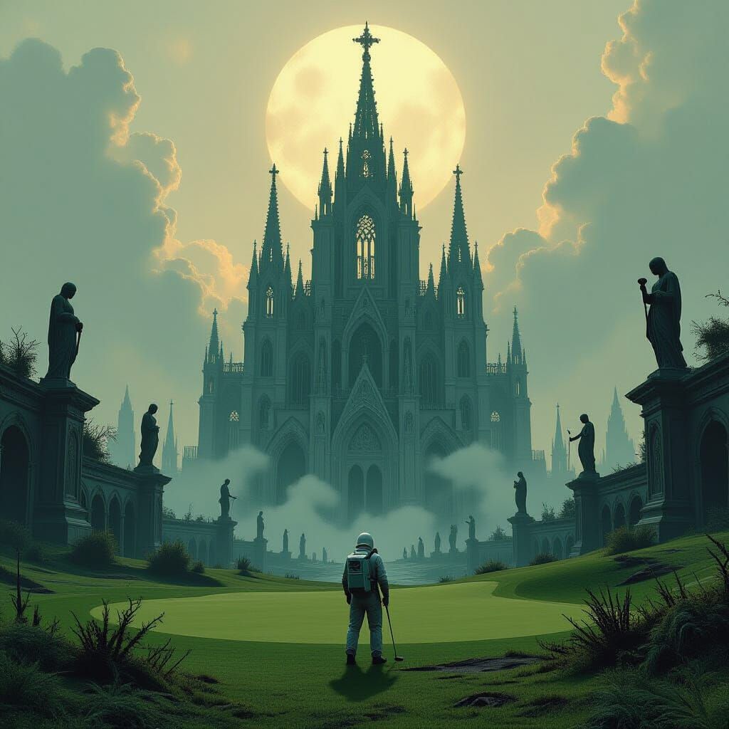 Astronaut on Alien Golf Course with Gothic Cathedral