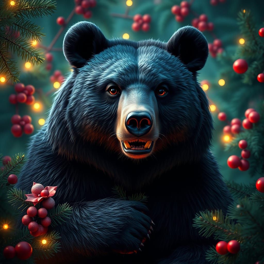 Majestic Black Bear in Whimsical Holiday Wonderland
