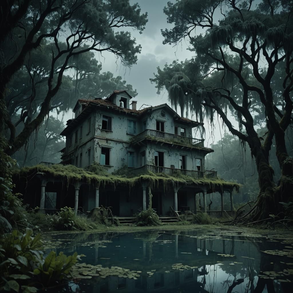 Eerie Abandoned House with Algae Pool in Dark Forest