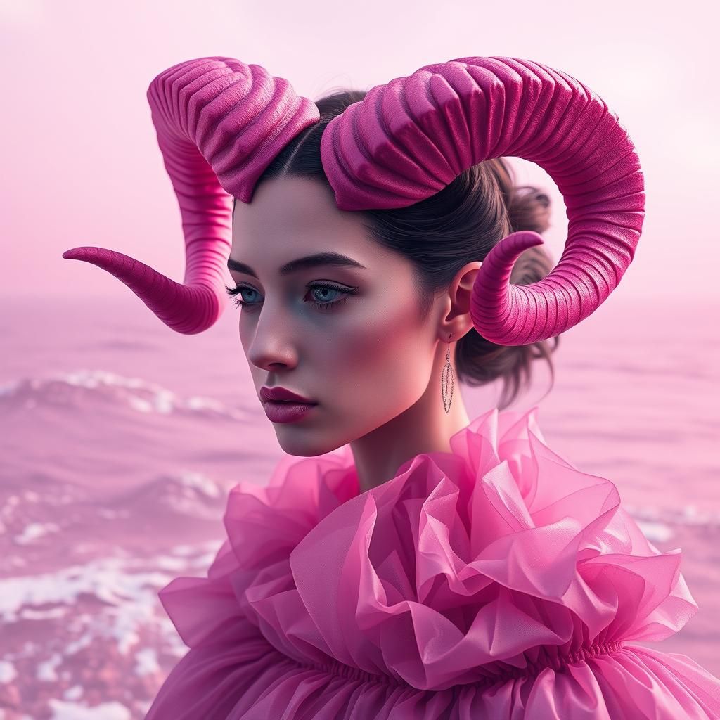 Pink Ram Woman Double Exposure in Detailed Matte Painting