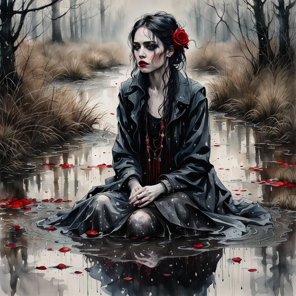 Heartbroken Goth Bride in Rainy Forest, Watercolor Art