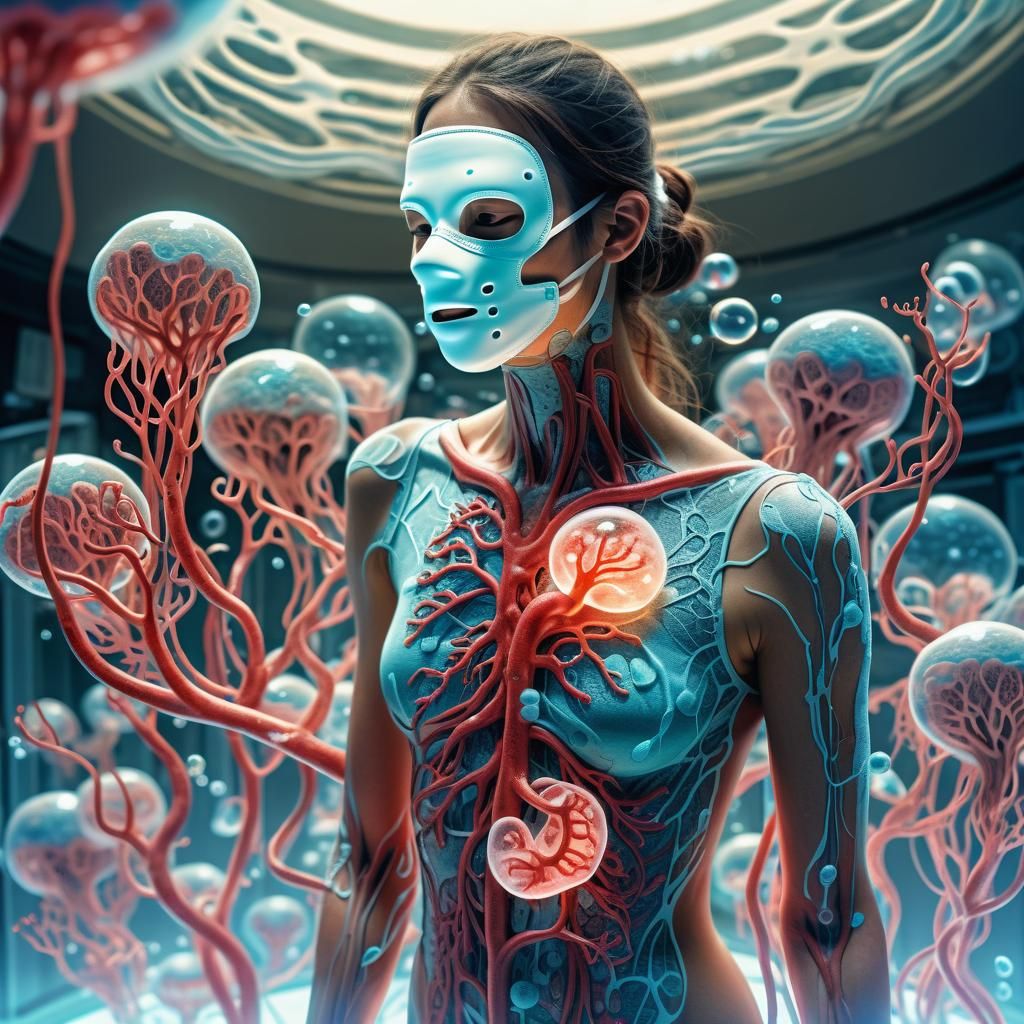 Bioluminescent Woman in Mask: Detailed Wide Angle Drawing