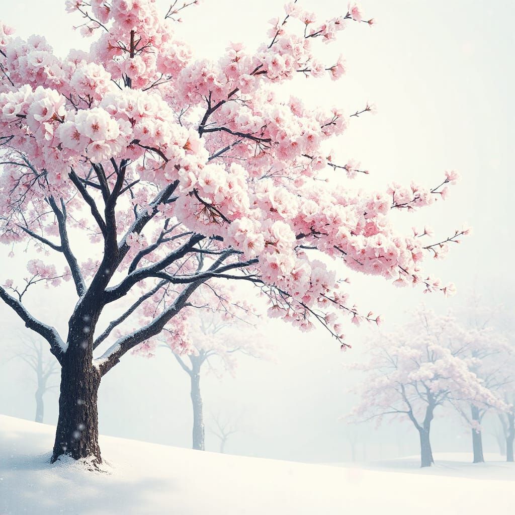 Kyoto Cherry Blossoms in Snow: Ukiyo-e Style Landscape
