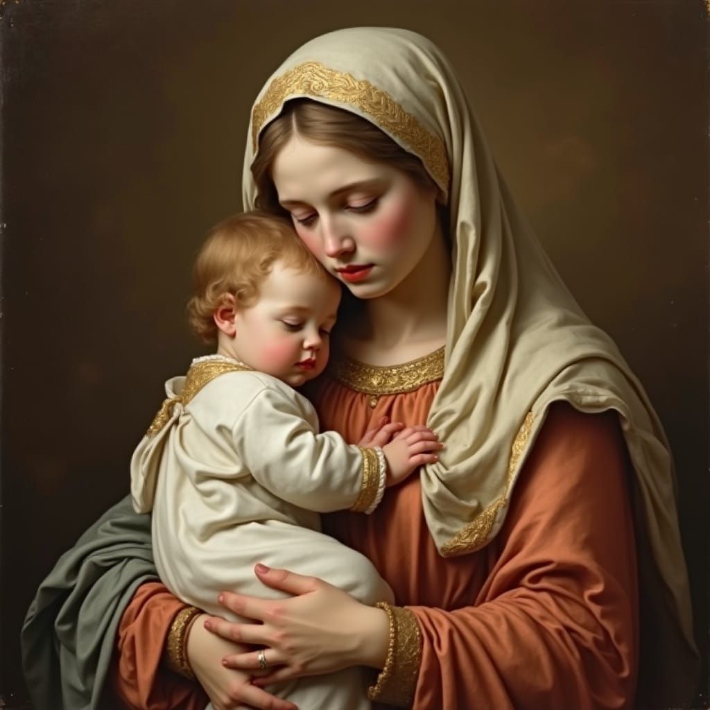 Mother Mary Tenderly Embracing Baby Jesus in Elegant Renaiss...