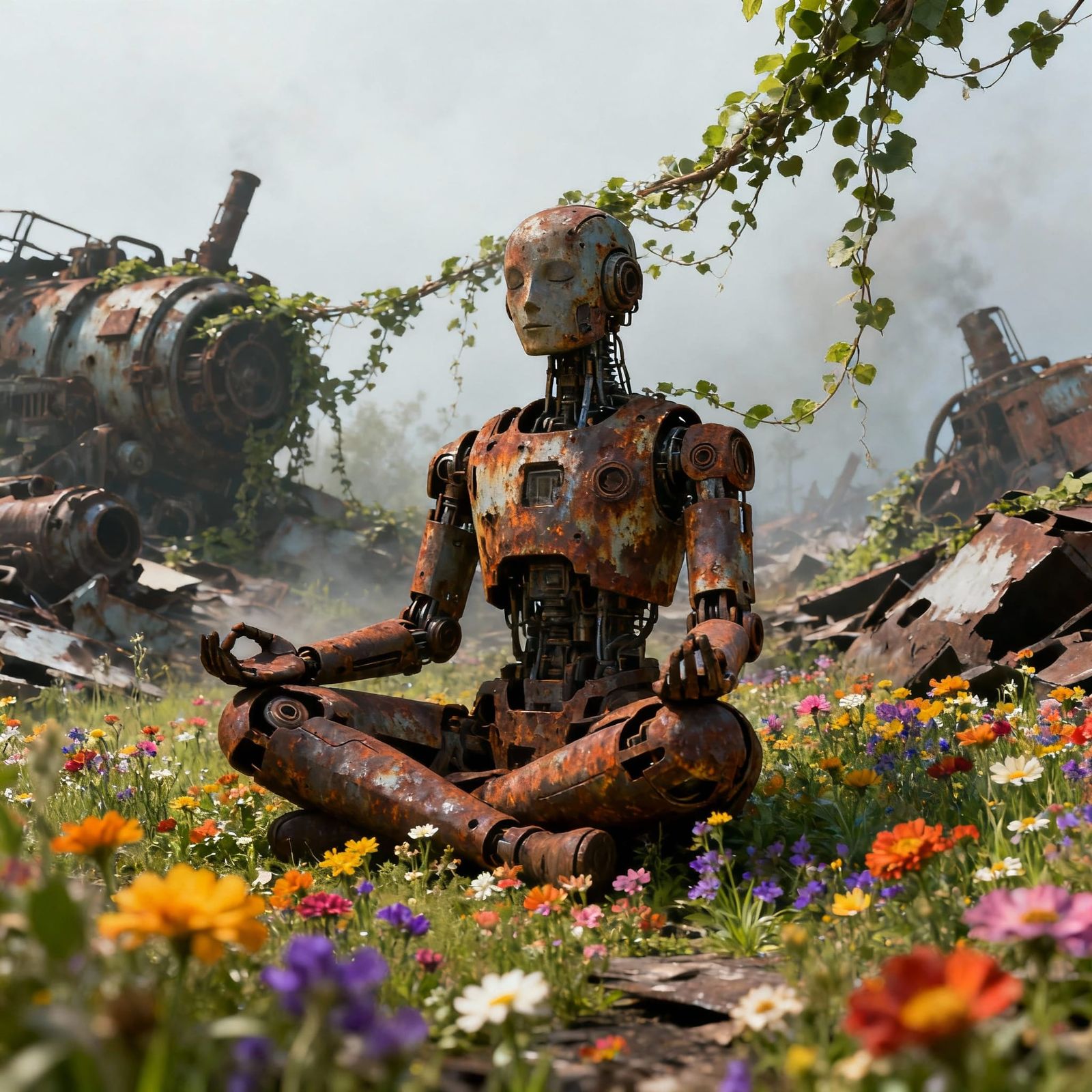 Rusted Cyborg Meditating in Wildflowers, Fantasy Art