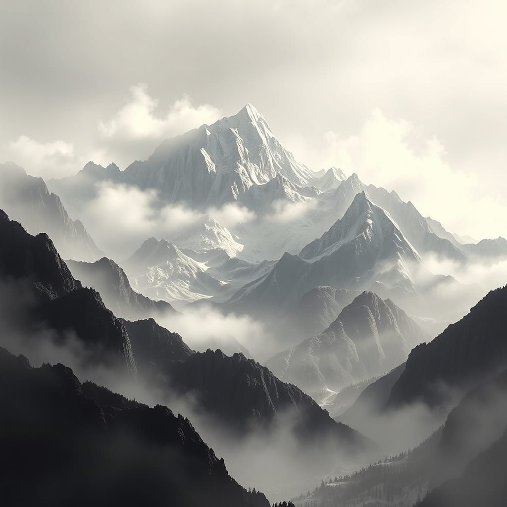 Ethereal Mountain Majesty in Monochromatic Hues