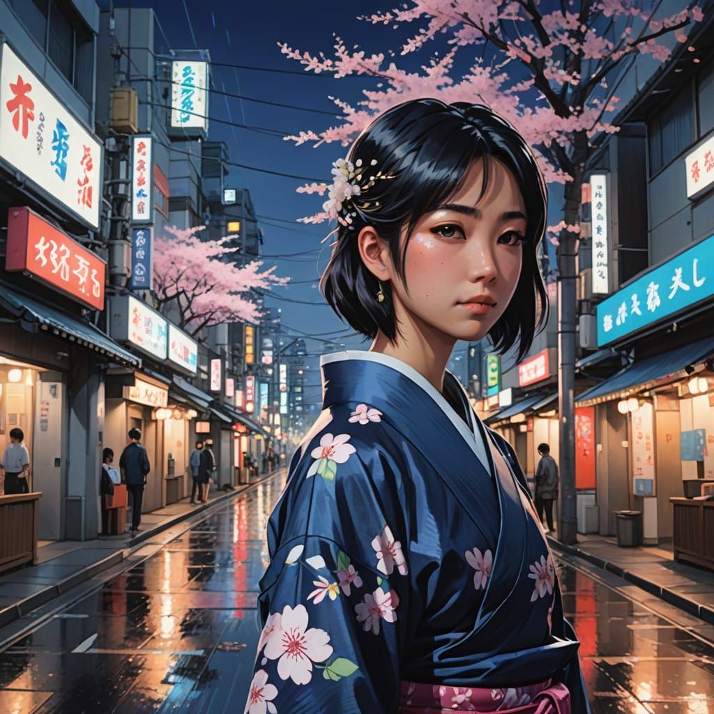 Osaka Cityscape with Vibrant Yakuza Girl