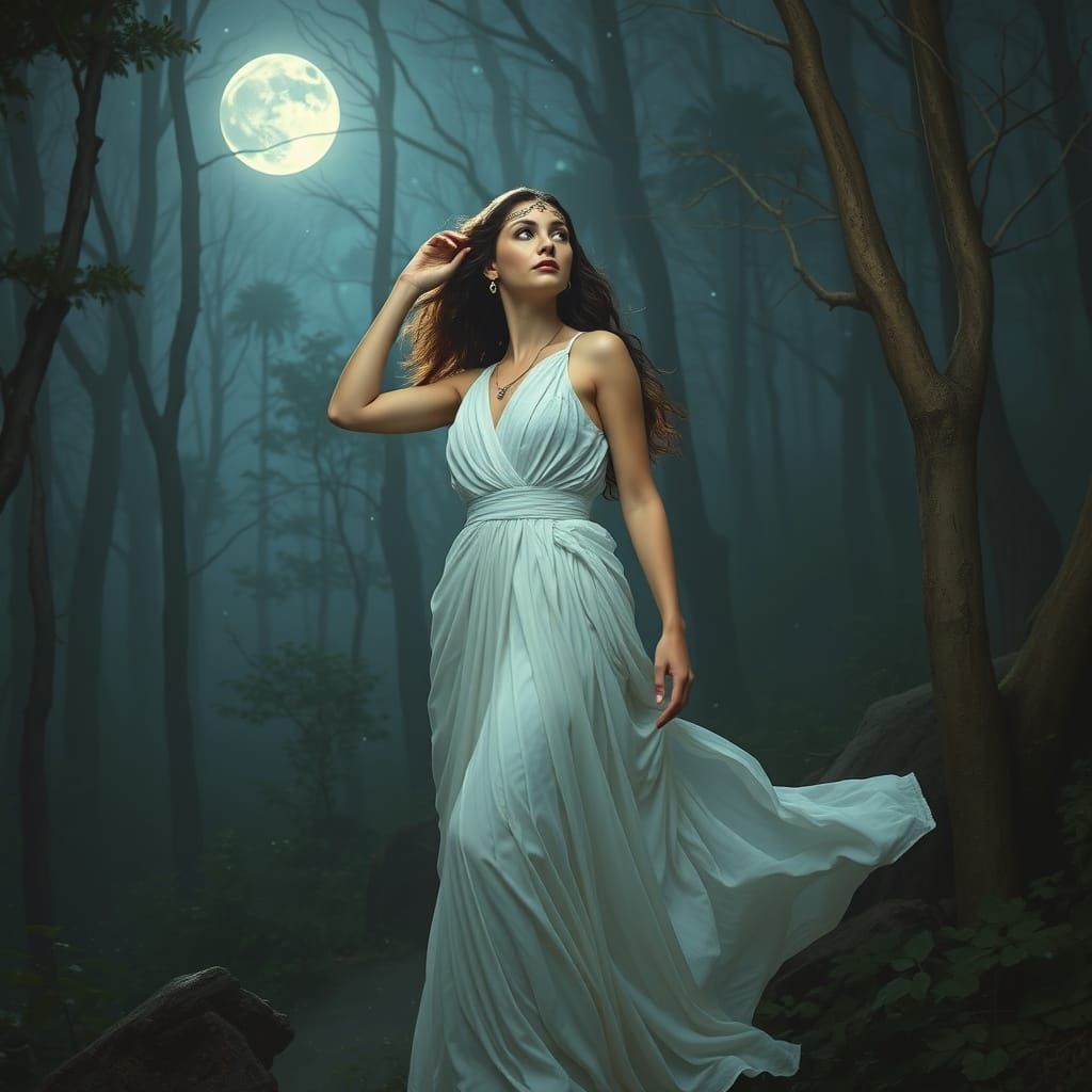 Greek Goddess in Ethereal Moonlit Forest
